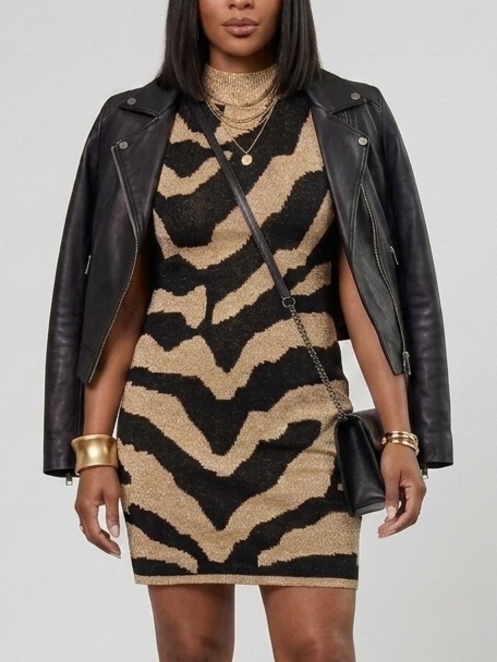 Bloomingdaleâs Zebra Metallic Mock Neck Sleeveless Knit Mini Dress Resort Size M